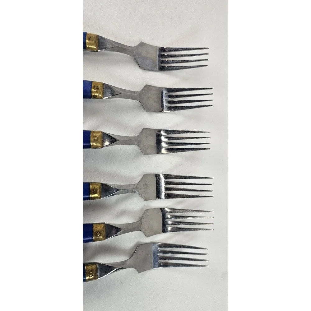 Vintage Japan Fork Set Blue‎ Handle Brass Rivet Melron Style Bistro 6pc